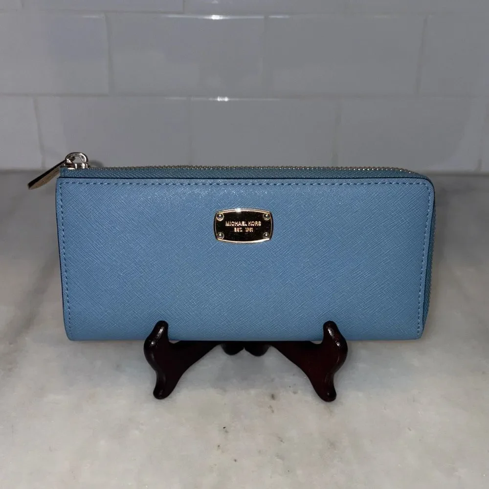 Michael Kors Wallet Blue Jet Set Travel Large Saffiano Leather Fill Quarter-Zip